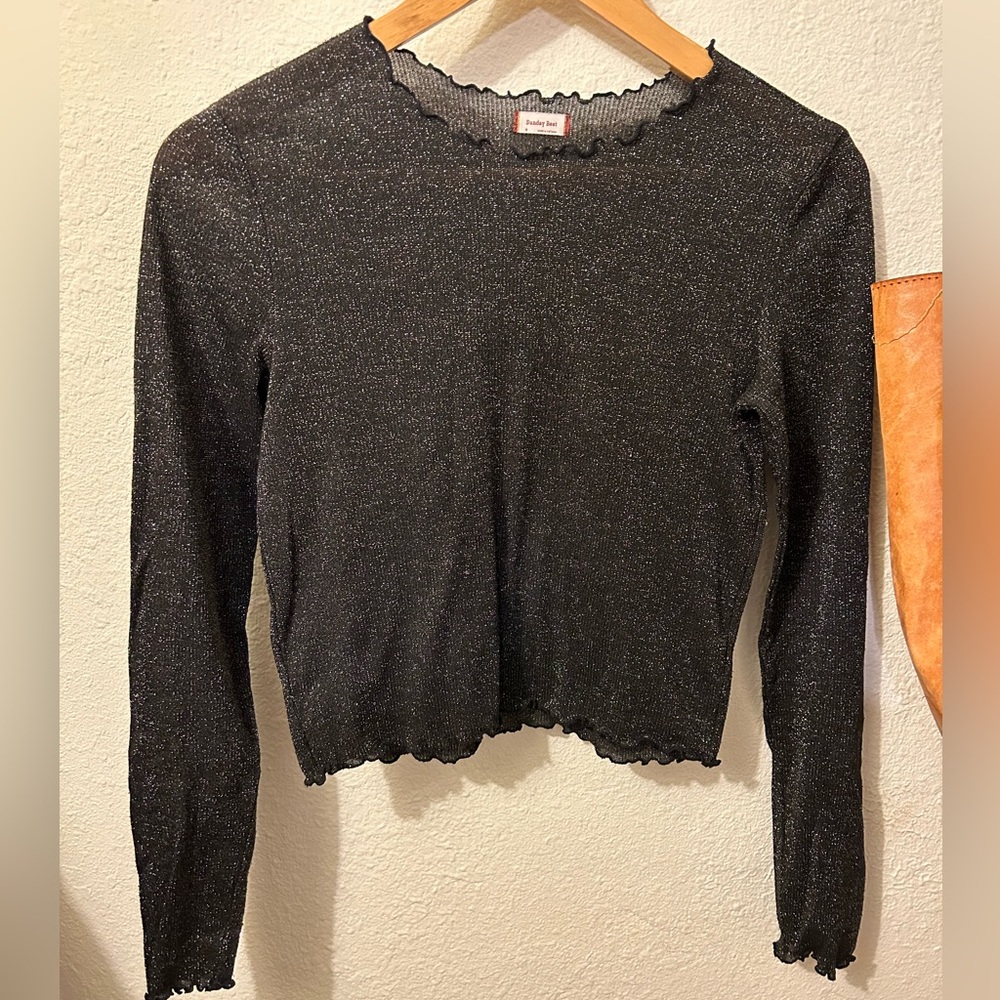 Aritzia black mesh glitter lettuce trim top